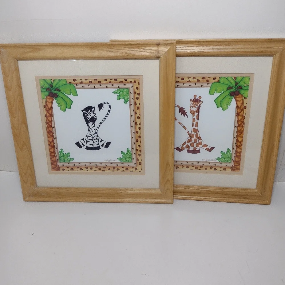 Sandy Russell Whimsical Zebra & Giraffe Framed Art Set - Green, Black, Brown. Se